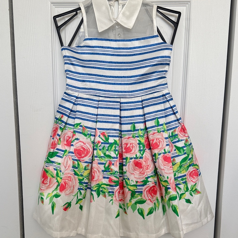 Bonnie Jean Blue Striped Dress with Pink Roses - Like New